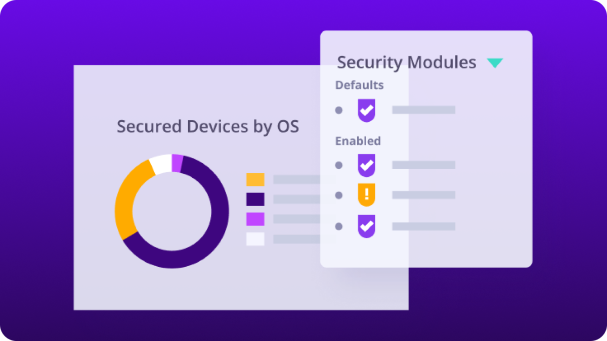 Illustration of a security dashboard showing secured devices by operating system in a donut chart alongside enabled security modules with status indicators, representing centralized endpoint security monitoring and configuration.