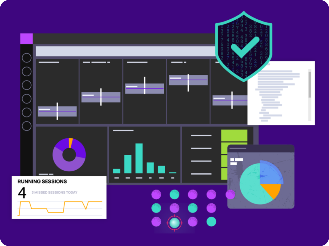 Illustration of a secure IT management dashboard showing performance charts, analytics panels, running session data, and a shield with a checkmark symbolizing protected, monitored IT systems.