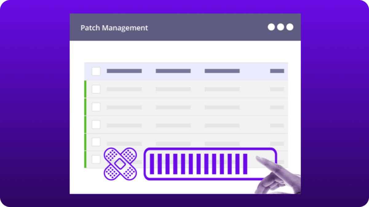 Illustration of a patch management interface displaying a list of systems, a progress bar indicating patch deployment, and a bandage icon, representing automated patching and system updates within an RMM platform.
