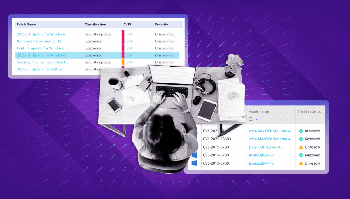 Top-down view of a desk with a laptop and documents, surrounded by patch management and vulnerability status tables, representing cybersecurity basics