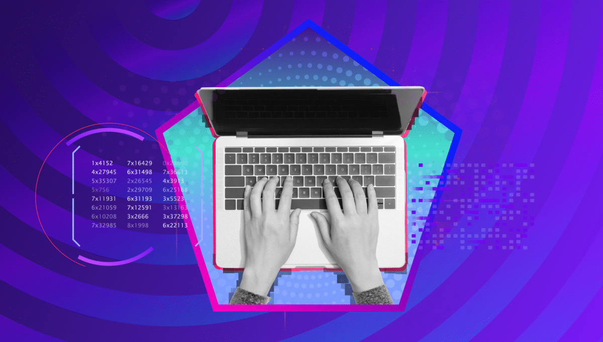 Laptop with hands typing on keyboard, overlaid with code snippets and abstract graphics, symbolizing strengthening security posture