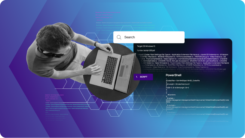 Overhead view of a person using a laptop with PowerShell scripting interface targeting Windows 10, highlighting IT automation and scripting capabilities