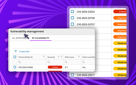 comp-vulnerability-management-custom-bg Screenshot of a cybersecurity vulnerability management system showing CVE identifiers, severity levels like Critical and Moderate, risk scores, and patch availability status