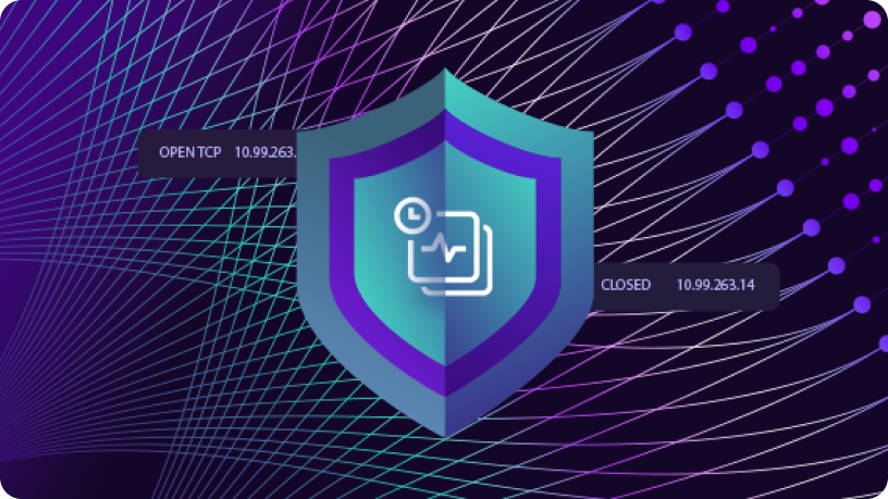 Network security visualization with shield icon and TCP connection statuses labeled as OPEN and CLOSED, representing firewall or port monitoring
