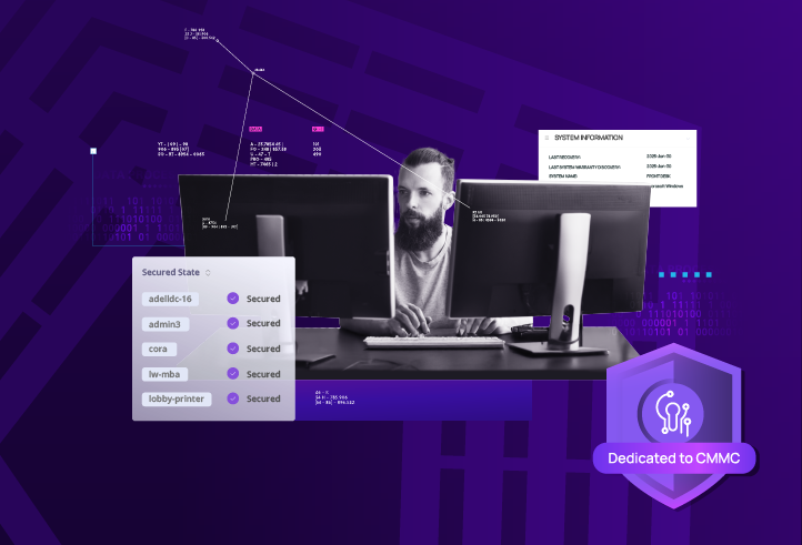 IT professional working at a desk with dual monitors displaying system information, secured device states, and CMMC compliance elements on a purple cybersecurity-themed background