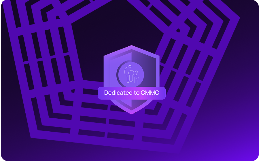 Purple graphic featuring a single shield icon labeled Dedicated to CMMC, representing compliance with Cybersecurity Maturity Model Certification Level 1