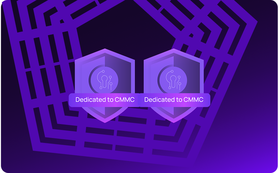 Purple graphic featuring a single shield icon labeled Dedicated to CMMC, representing compliance with Cybersecurity Maturity Model Certification Level 1