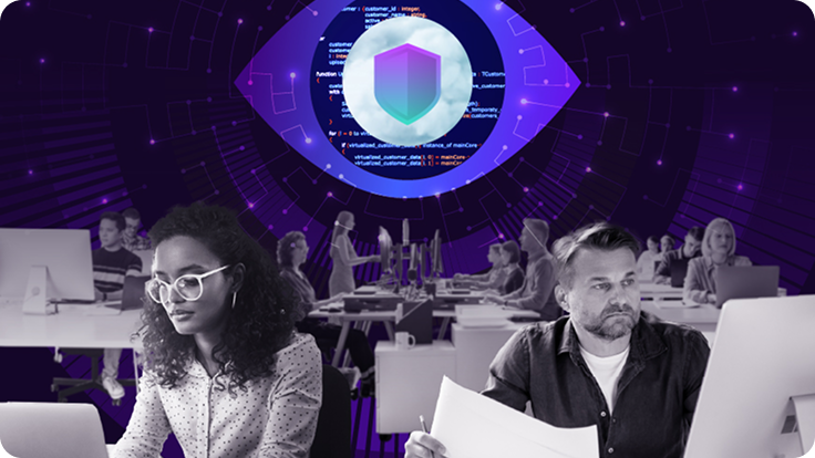 Office environment with multiple people working at desks, overlaid with a large shield icon and code fragments, symbolizing managed detection and response (MDR) cybersecurity