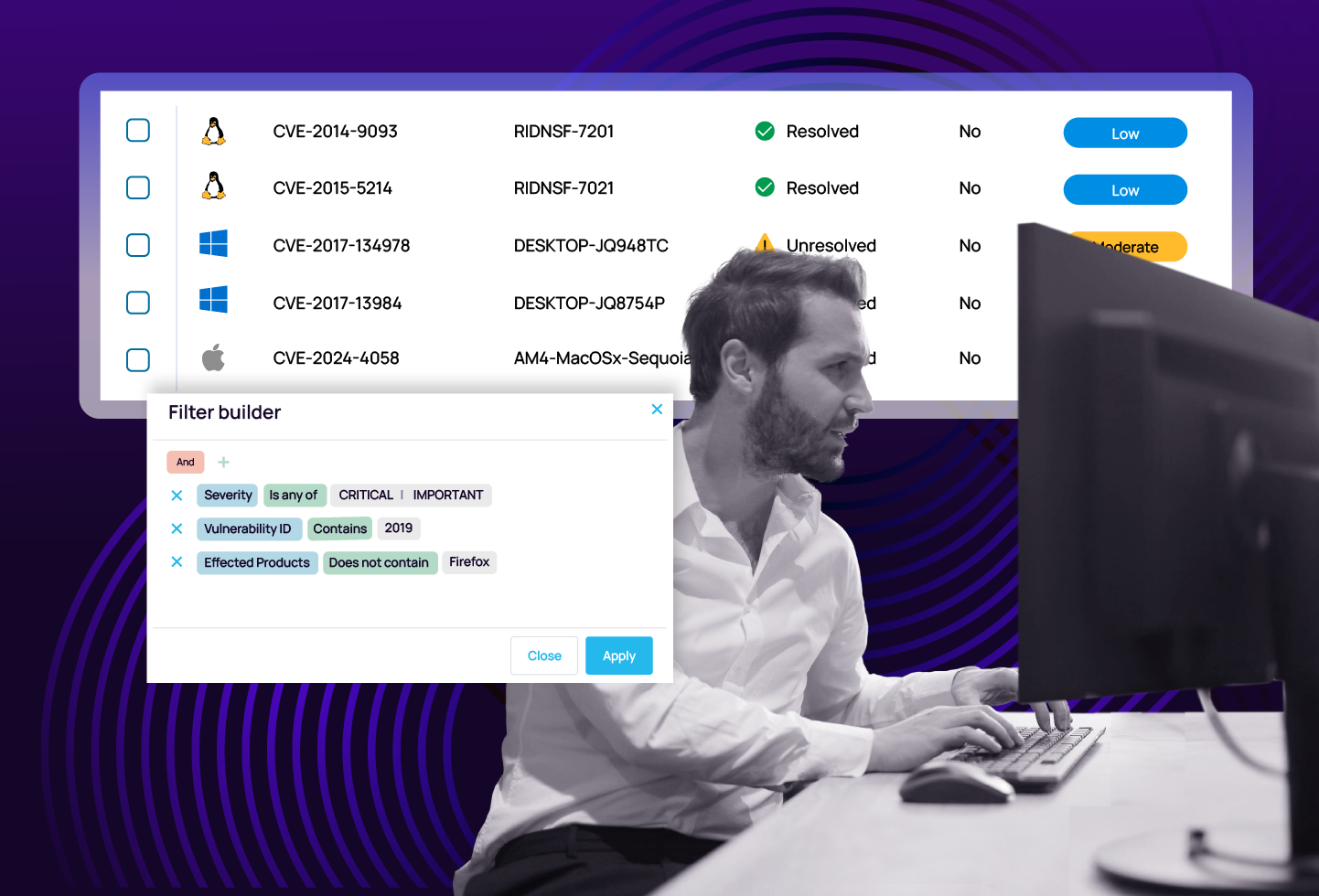 IT professional seated at a workstation with a vulnerability management dashboard and filter builder overlay, representing advanced security management