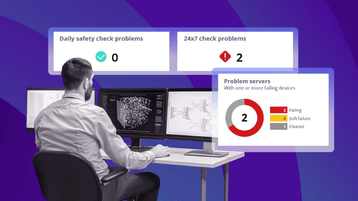 IT professional monitoring multiple screens with overlay showing daily safety check problems, 24x7 check issues, and problem server status