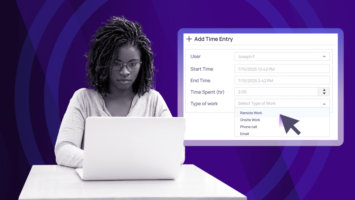 Time entry form displaying fields for user, start and end time, hours worked, and type of work options such as remote or onsite