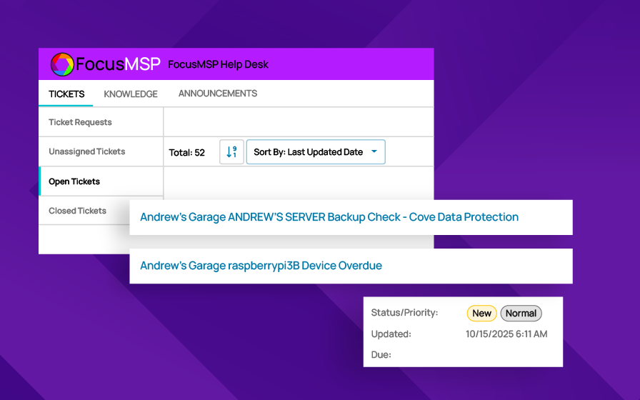 Help desk dashboard labeled FocusMSP showing ticket requests, open tickets, and status details for backup checks and overdue devices