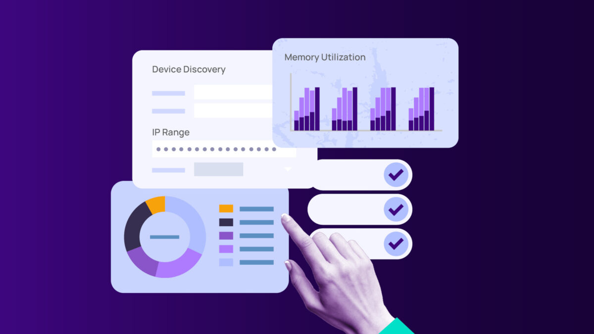Hand pointing at dashboard interface displaying device discovery, IP range, memory utilization charts, and system performance indicators