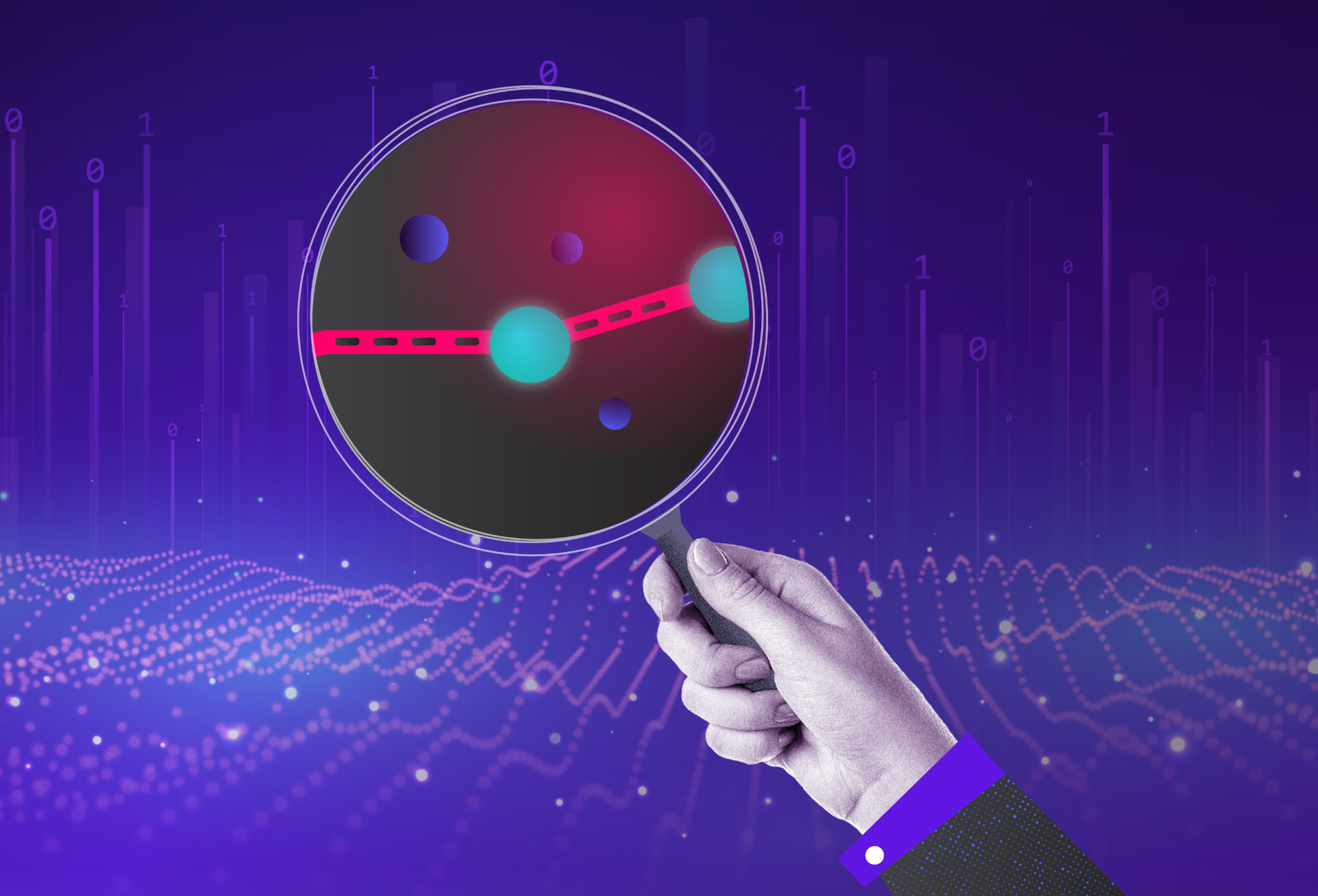 Magnifying glass highlighting network nodes and data points over a digital background with binary code and abstract wave patterns, symbolizing network monitoring and analysis