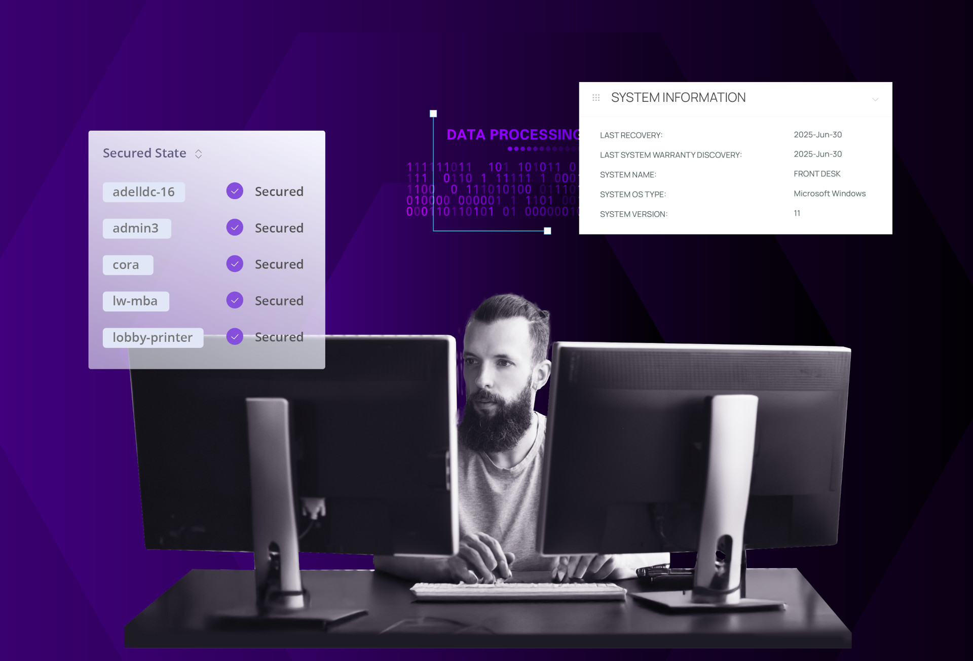Person seated at a desk with dual monitors displaying system information and secured device states, overlaid with data processing graphics on a purple background