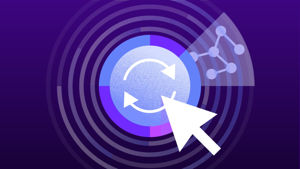 Circular graphic with concentric rings and a refresh icon in the center, accompanied by a large cursor arrow and connected nodes, symbolizing network synchronization and mapping