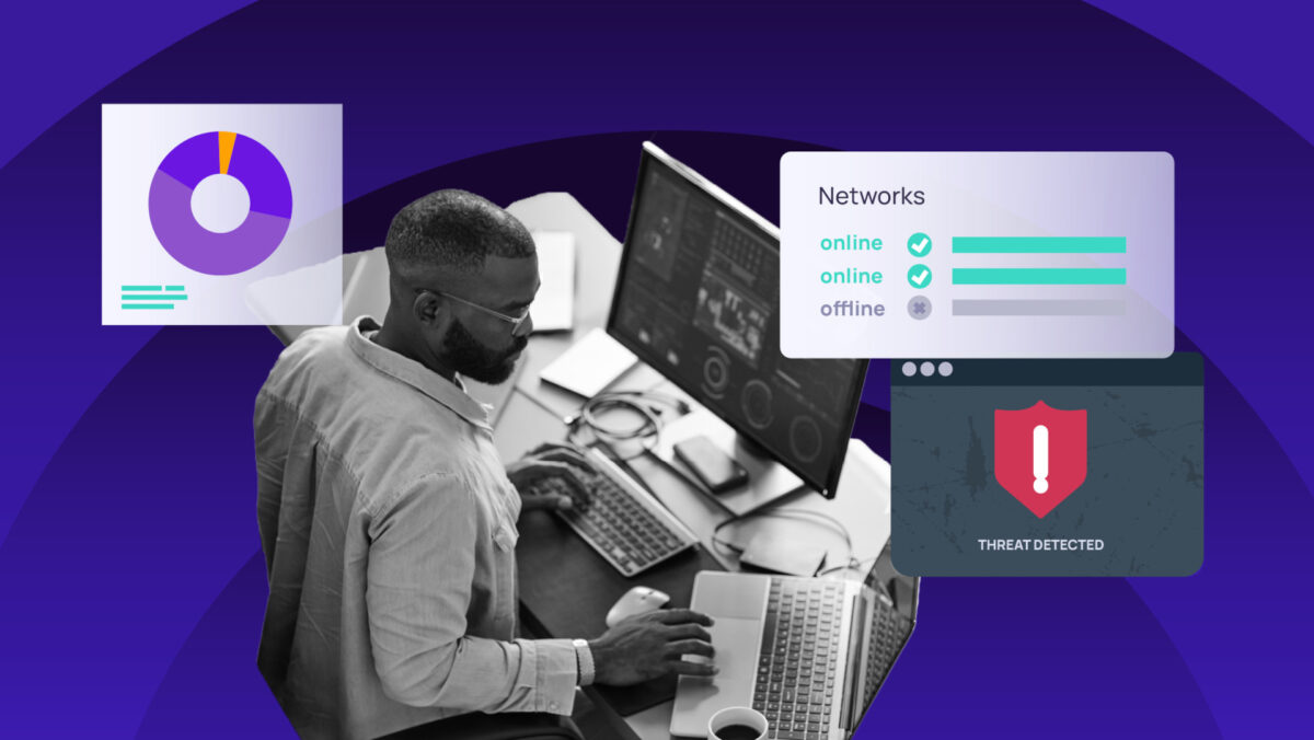 Person working at a desk with multiple monitors showing network dashboards, threat detection alerts, and pie chart analytics, representing network security monitoring