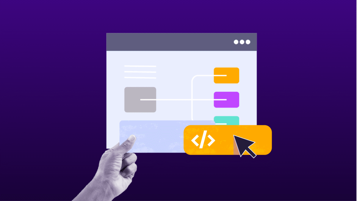 Hand holding a browser interface mockup with a flowchart and a highlighted code icon, symbolizing network configuration and coding integration