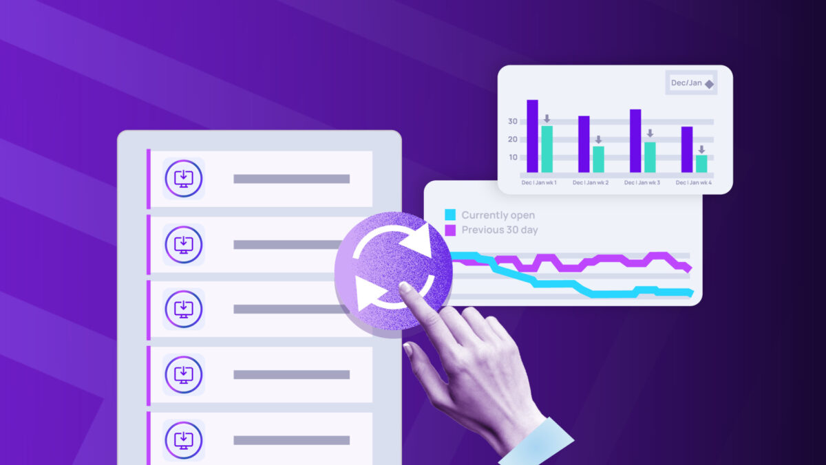 Hand interacting with a refresh icon on a dashboard displaying ticket lists, bar charts, and line graphs for currently open and previous 30-day metrics, symbolizing network performance monitoring