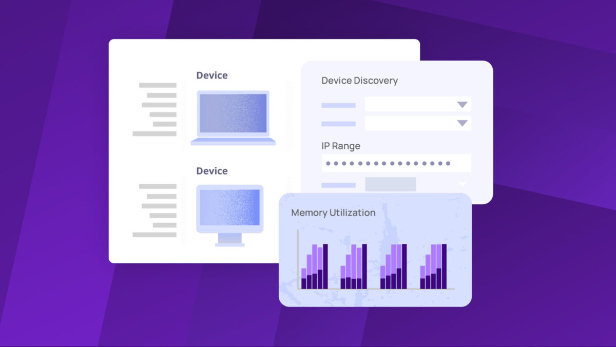 Dashboard interface showing device details, IP range fields, and memory utilization charts, symbolizing network monitoring and resource management