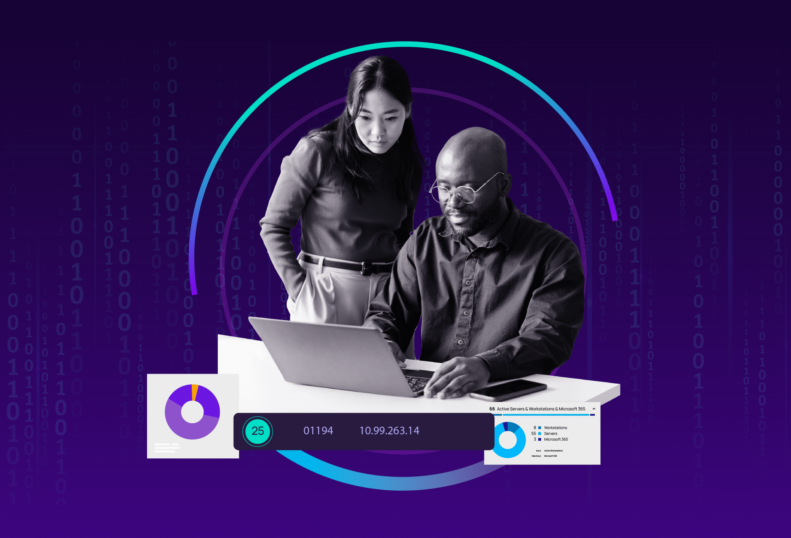 Two individuals collaborating at a desk with a laptop, surrounded by circular graphics and data overlays including IP addresses and pie charts, representing network monitoring and threat detection