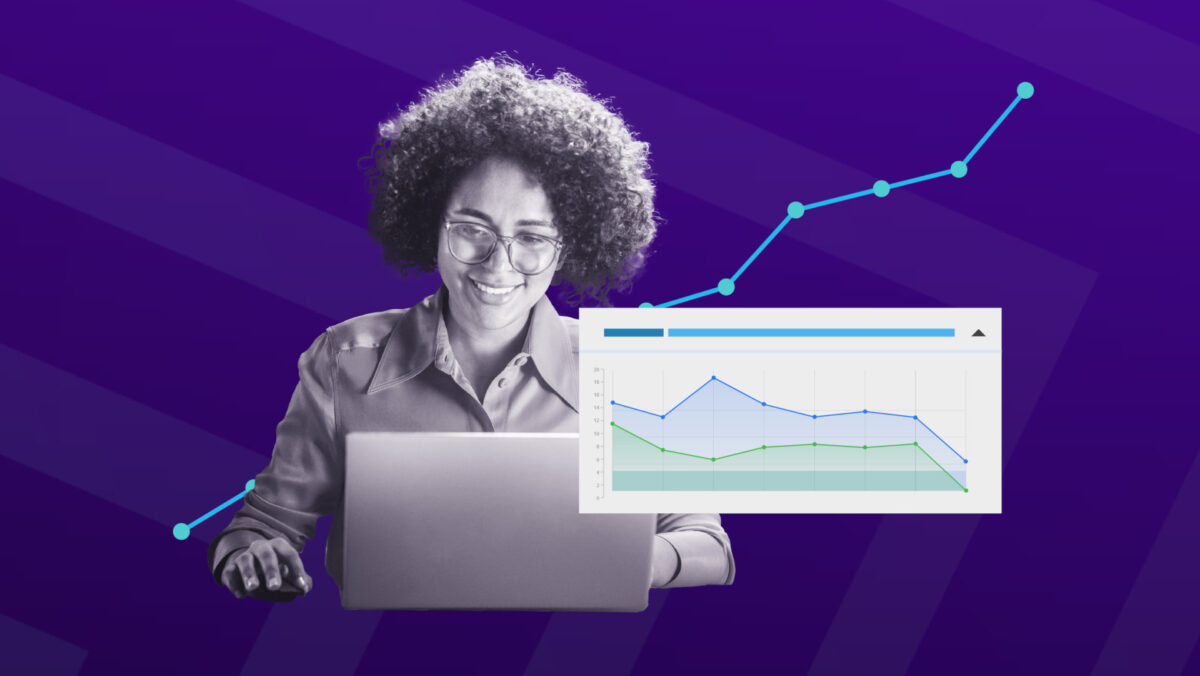 Person working on a laptop with overlay line graph and trend indicators, symbolizing SNMP monitoring and network performance tracking