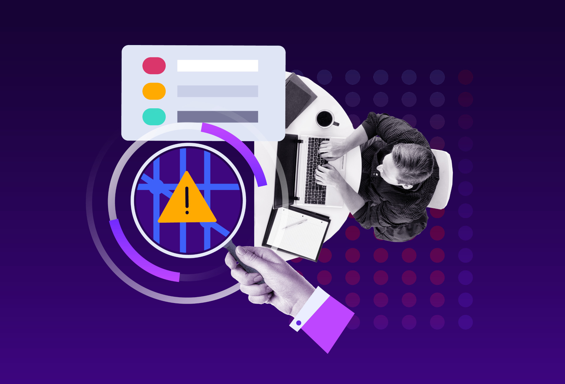 Overhead view of a person using a laptop with warning icon and colorful dashboard overlays, representing SNMP monitoring and alert detection