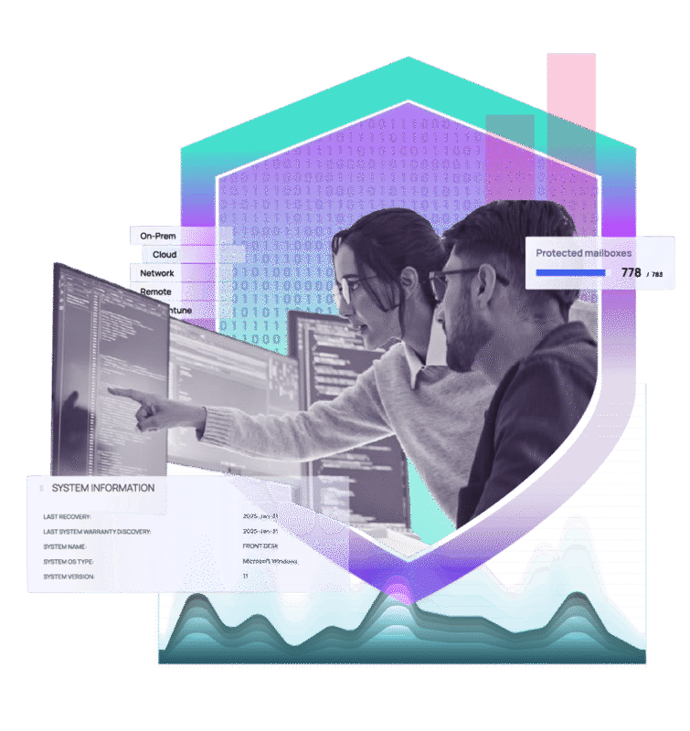Two individuals collaborating on coding tasks at multiple monitors with system information overlays and a shield graphic representing protected mailboxes and cybersecurity compliance