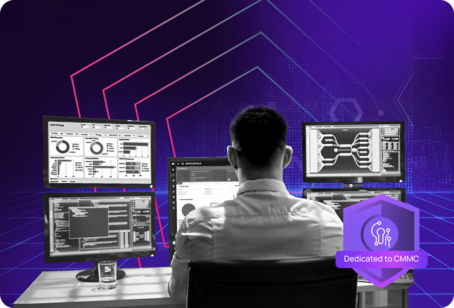 IT professional seated at a desk with four monitors displaying dashboards, system analytics, and network diagrams on a purple background with CMMC compliance badge