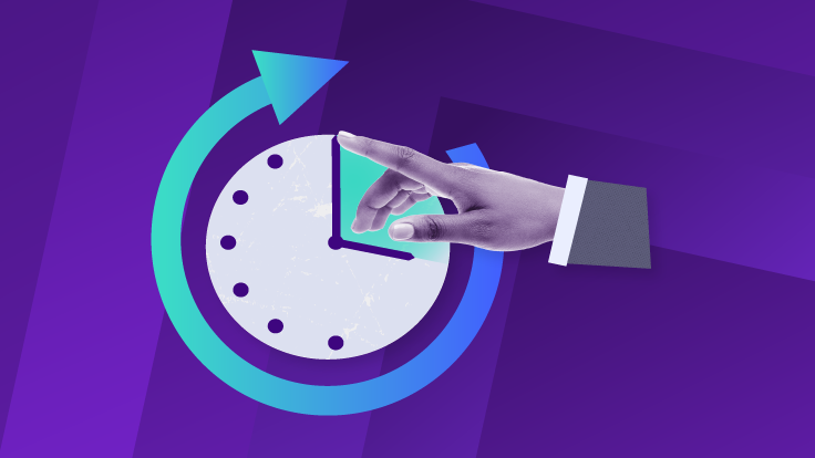 Hand adjusting a clock graphic with a circular arrow symbolizing automated scheduling and rapid recovery