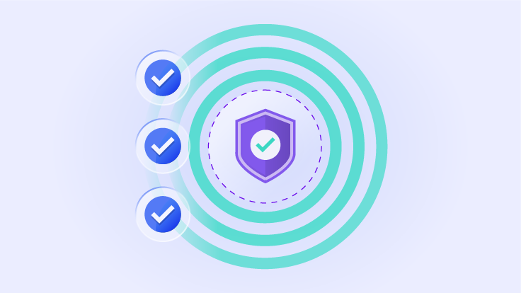Shield icon surrounded by concentric rings and checkmarks representing layered security protection