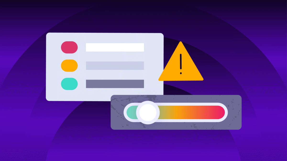 Dashboard-style graphic showing a warning icon, color-coded status list, and a risk-level slider, representing real-time prioritization of security issues