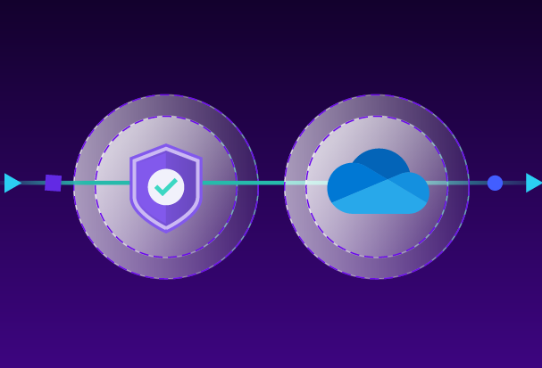 Shield icon and cloud icon connected along a horizontal line, representing secure cloud data protection