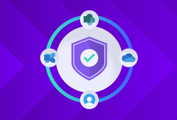 Shield icon with a checkmark surrounded by circular connections to security and productivity service icons, symbolizing unified data protection