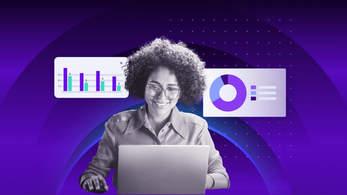 Person working at a laptop with bar charts and pie chart graphics in the background, representing vulnerability reporting and analytics