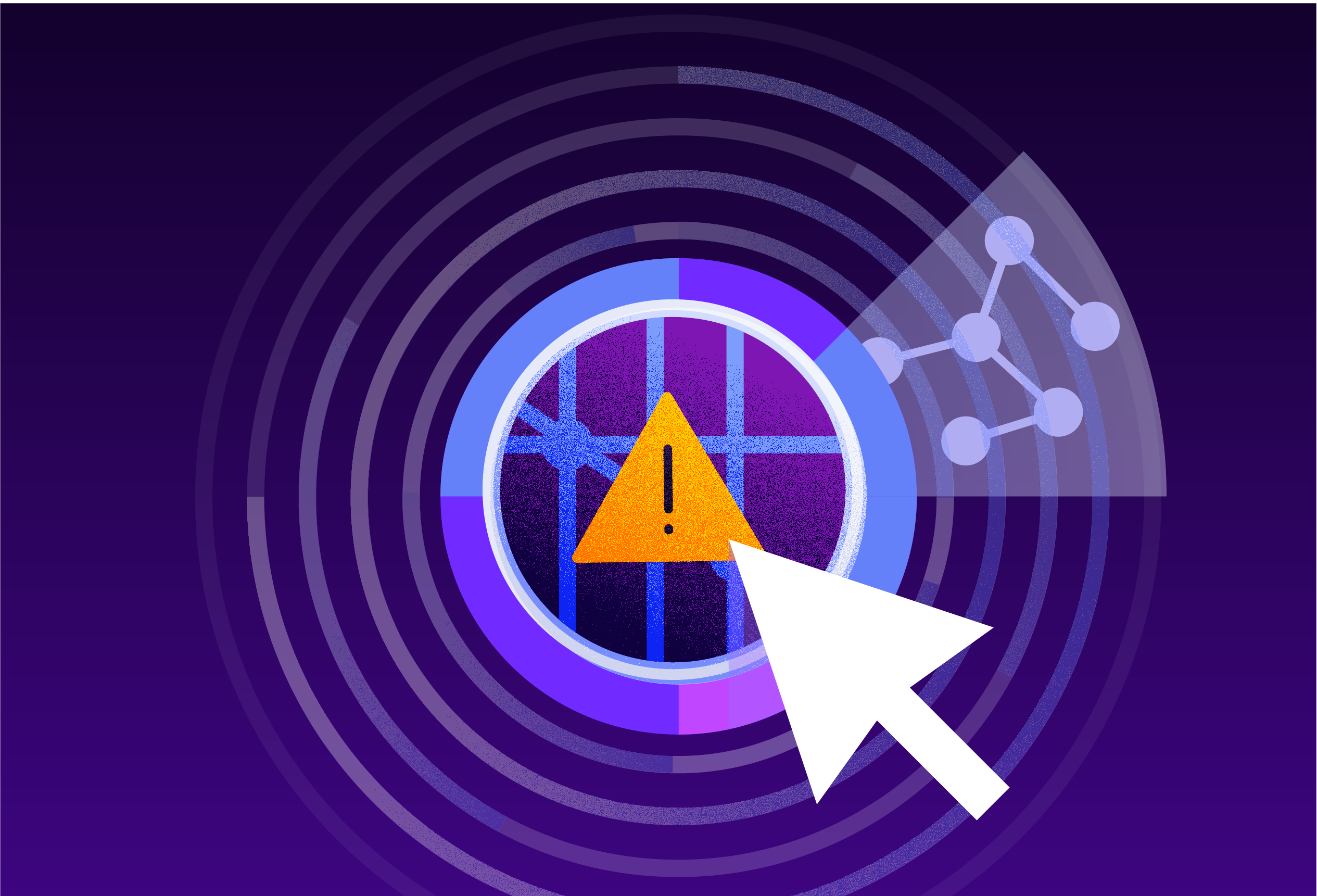 Hand holding a magnifying glass over a warning icon and color-coded status list, representing vulnerability investigation and prioritization