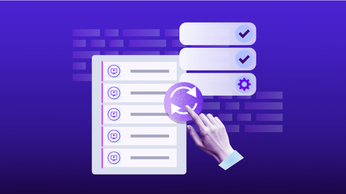 Hand selecting a refresh icon on a list of vulnerability items with status indicators and settings options