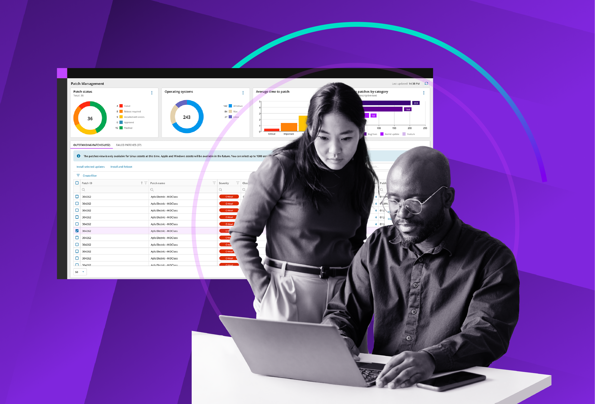 Two professionals reviewing a vulnerability management dashboard with charts, risk scores, and remediation details displayed on a large screen
