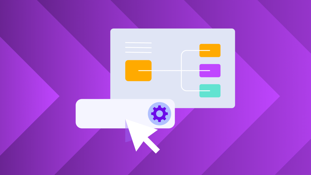 Interface displaying connected workflow blocks with a gear icon and cursor pointer, representing automated vulnerability remediation steps