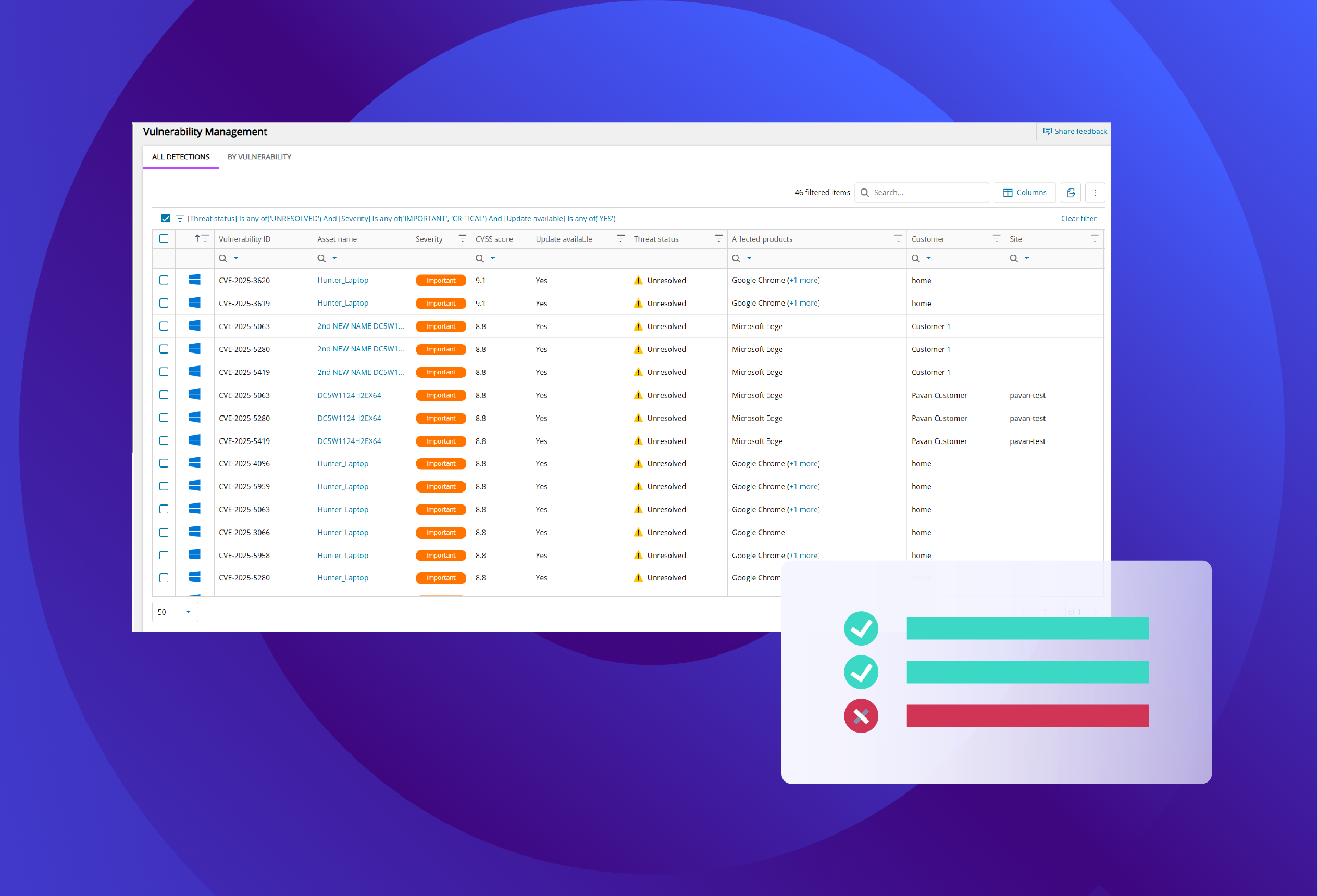 Vulnerability management dashboard displaying CVE identifiers, severity levels, and patch availability alongside a status checklist graphic