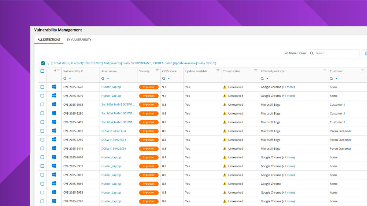 Close-up of a vulnerability details panel highlighting threat insights, CVSS score, and risk information to support informed security remediation decisions.