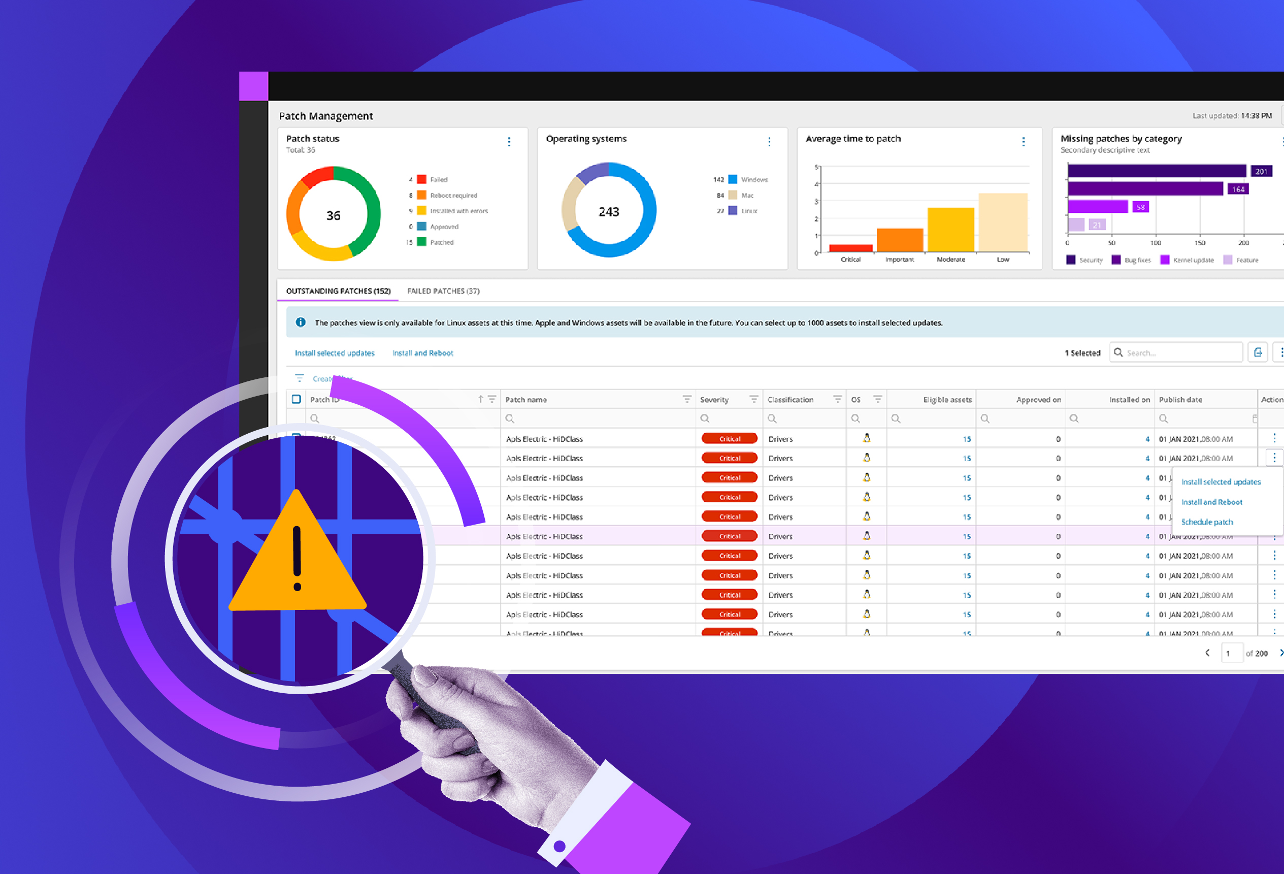 Illustration showing automated vulnerability assessment and configuration controls, with checkmarks, alerts, and a settings icon representing proactive security management.