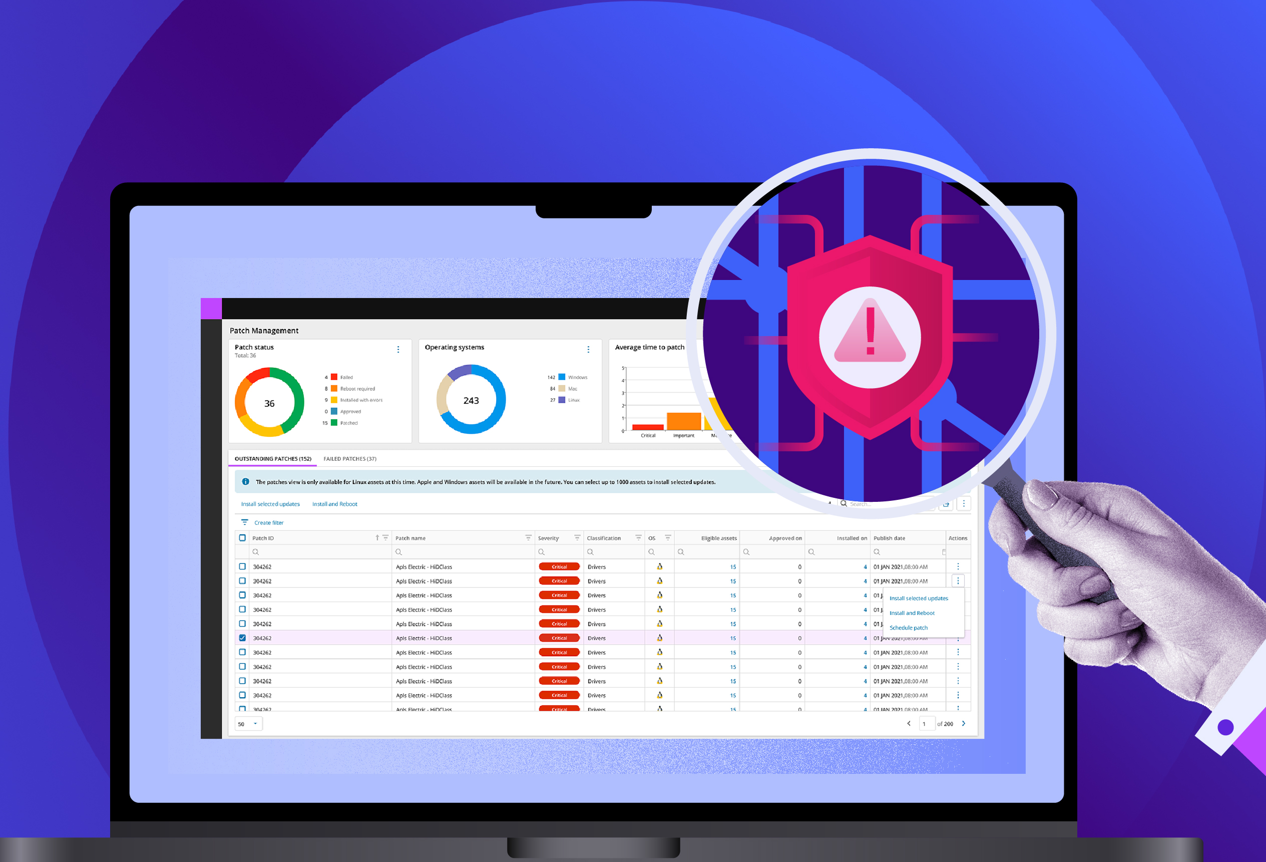 Illustration representing automated vulnerability scanning, showing connected system components, software versions, and configuration data used to identify security risks.