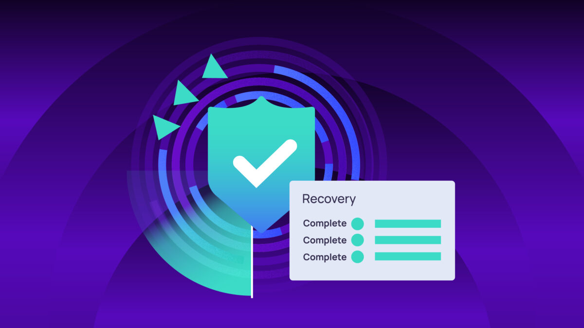 Shield icon with recovery status indicators representing successful data recovery and ransomware protection.