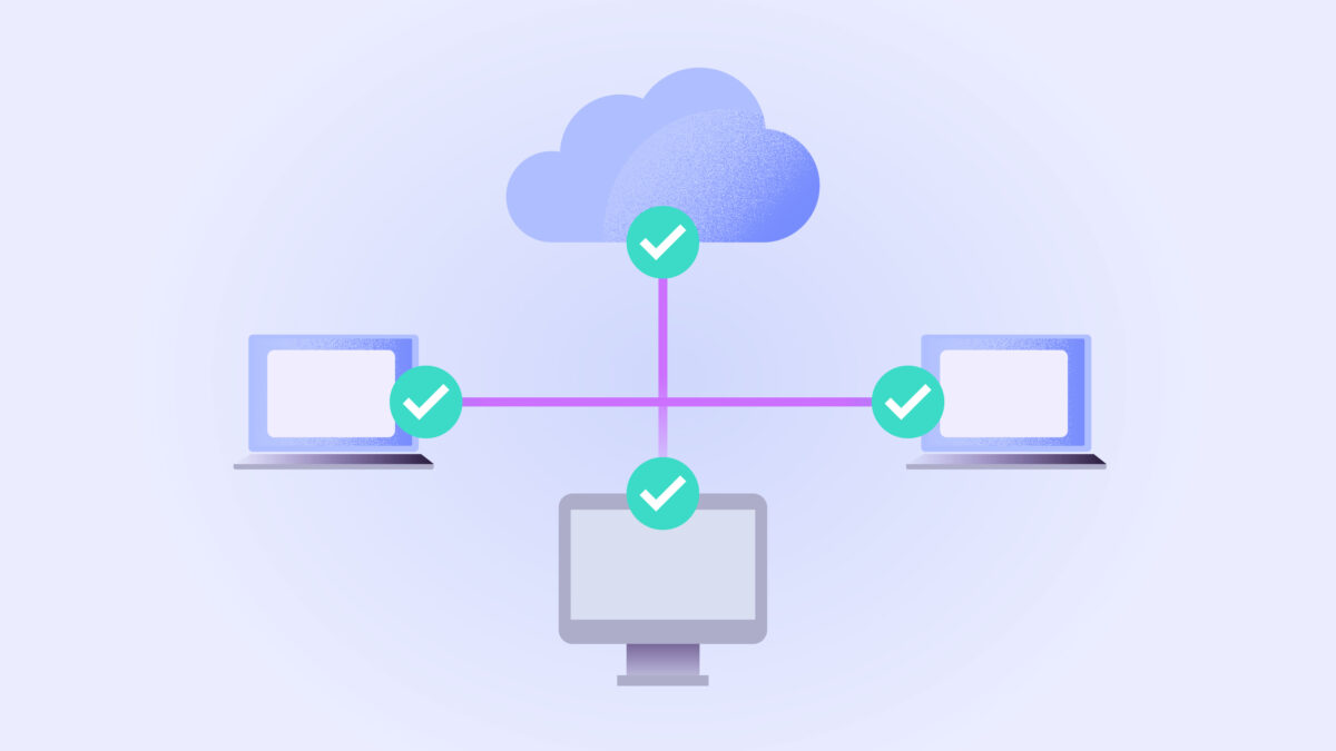 Illustration of multiple devices securely connected to a cloud platform, indicating verified and protected data access.