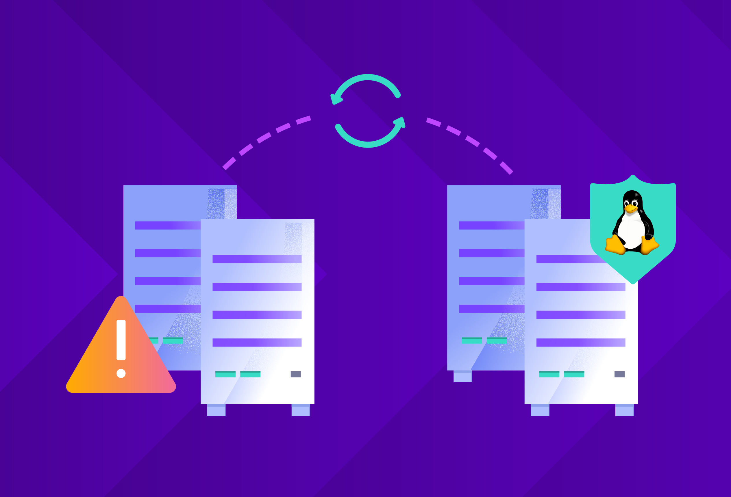 Graphic depicting Linux servers with automated synchronization and security indicators, highlighting resilient data protection.