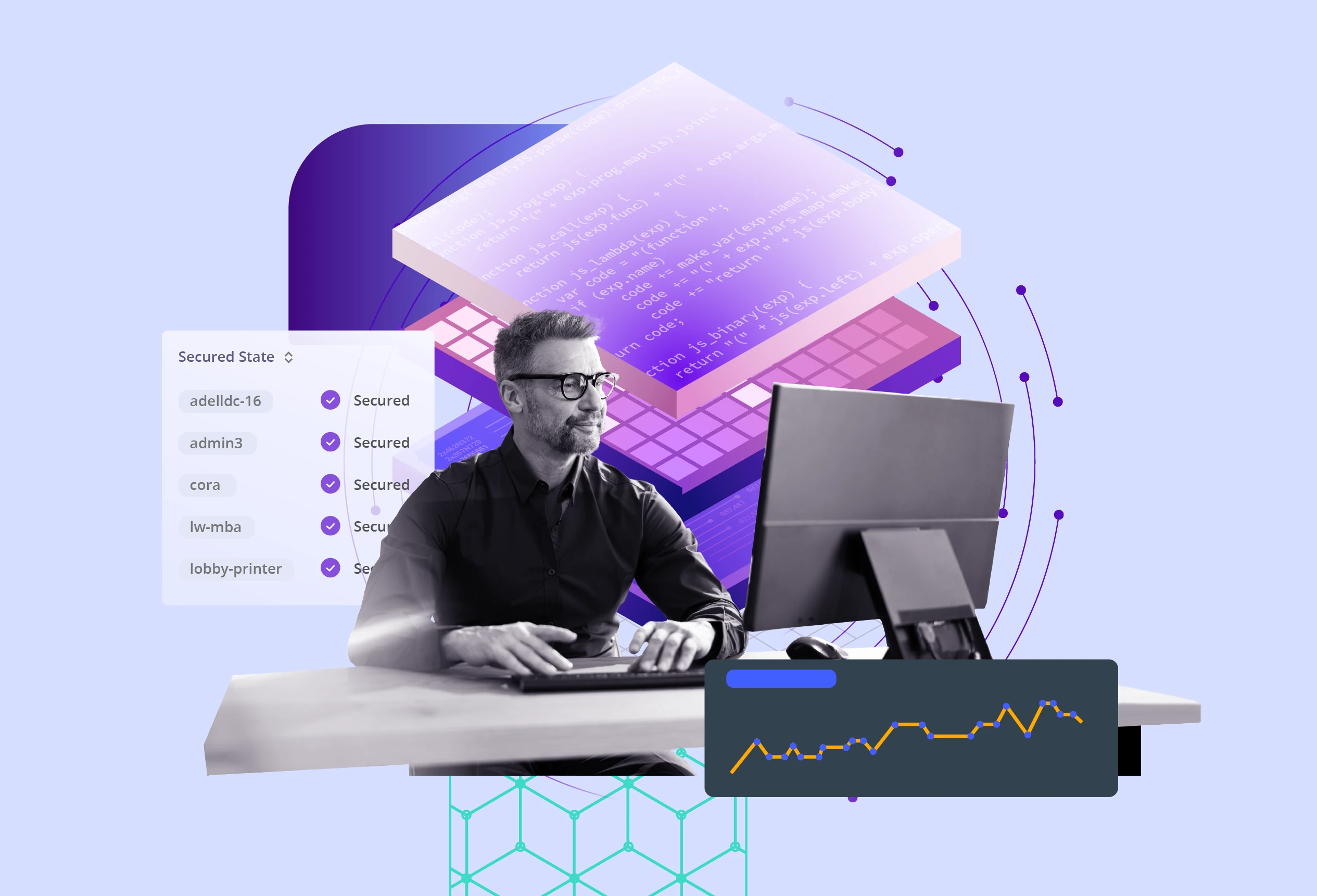 Business professional monitoring IT security and network performance dashboards with layered code and infrastructure visuals.