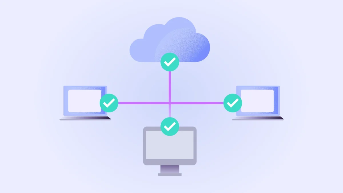 Cloud backup network connecting multiple devices with successful data protection and recovery status.