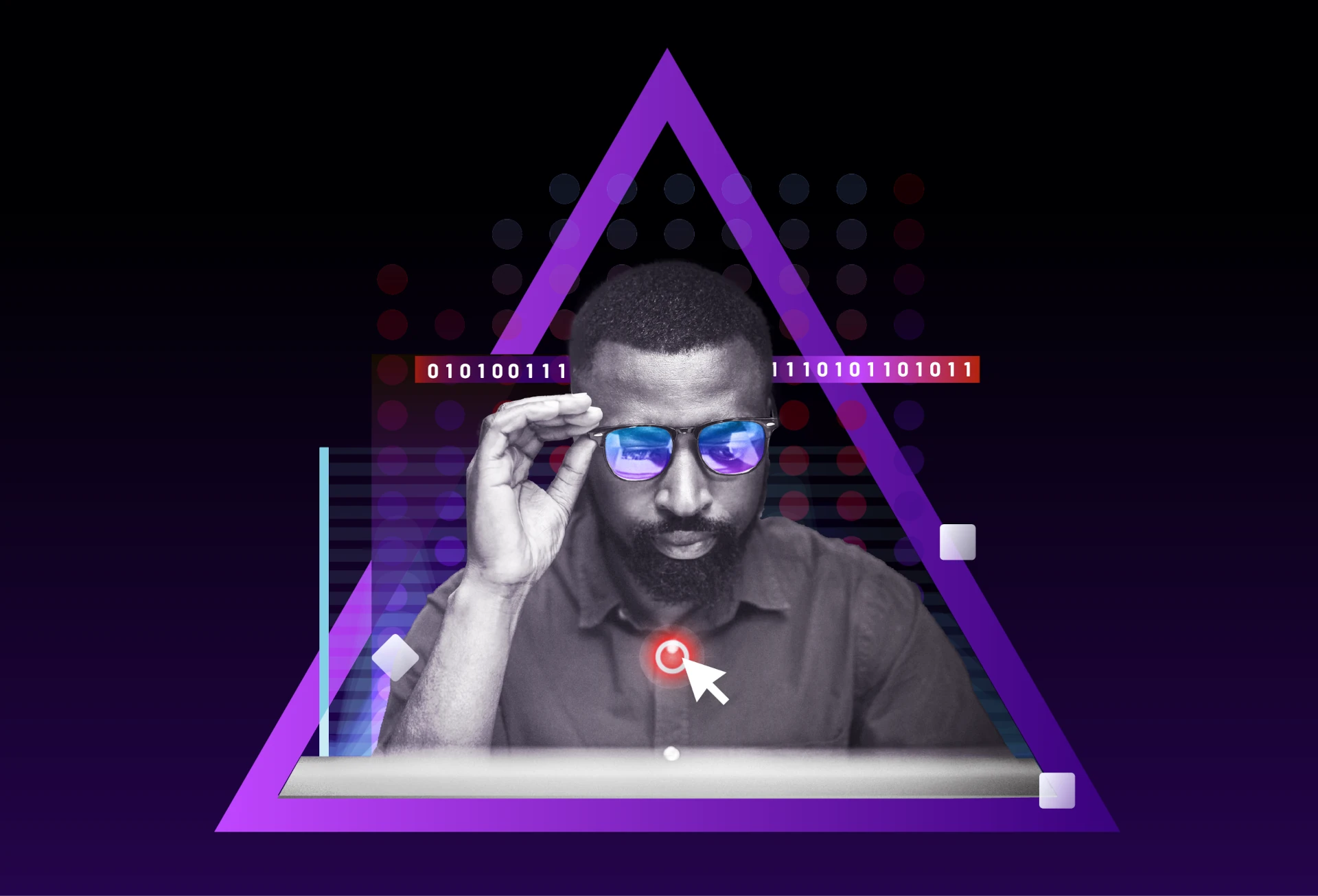 IT professional monitoring a digital environment with cybersecurity graphics, binary code, and incident response indicators.
