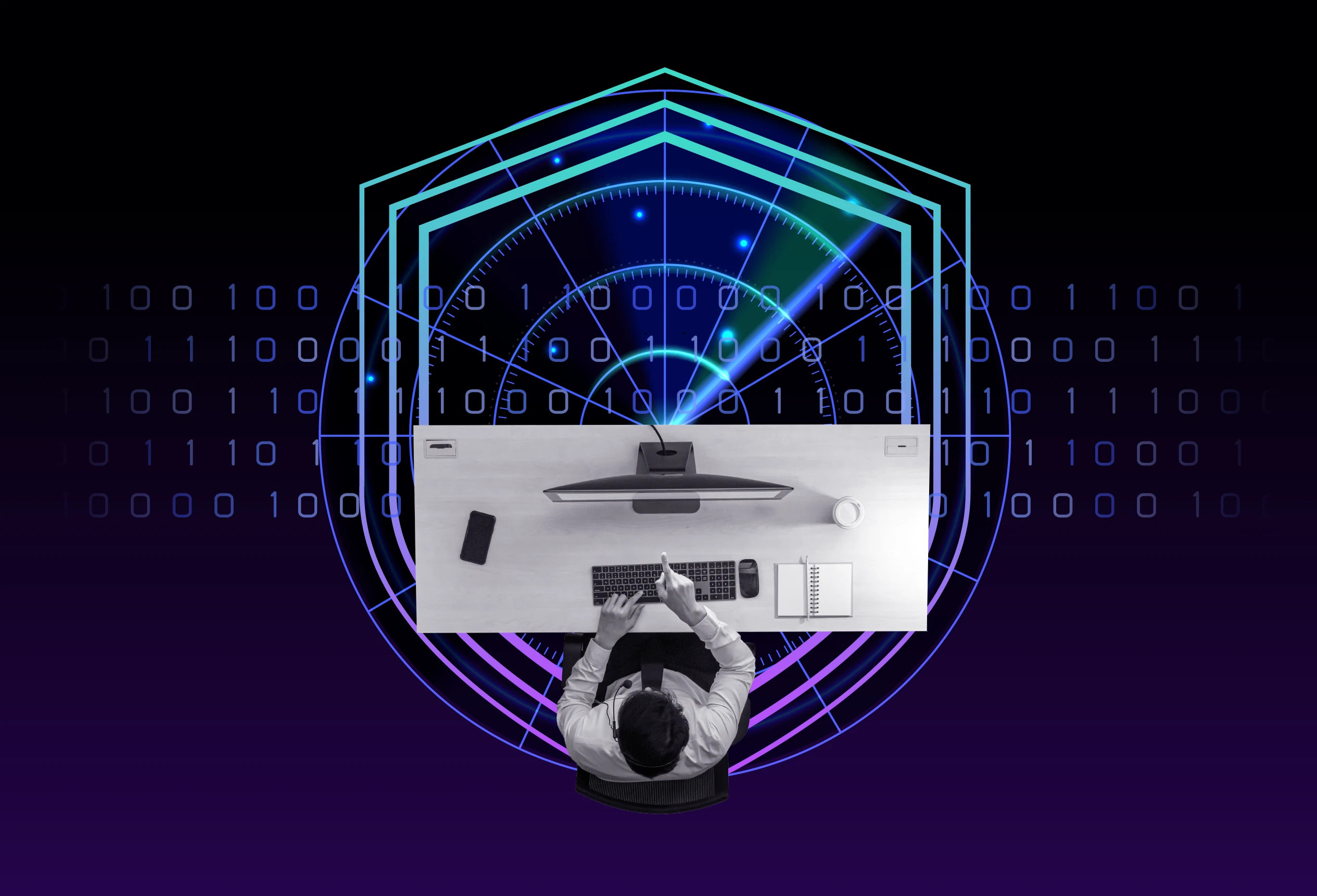 Professional working at a secured workstation with cyber risk monitoring and data protection controls.